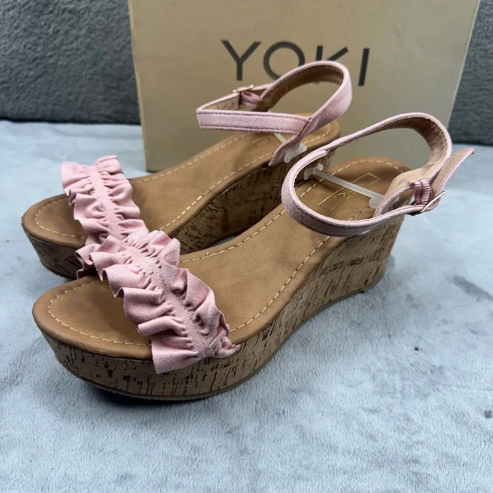 Yoki Carrin-40 Blush Pink Ruffle Cork Wedge Platform Sandals Womens 7.5‎